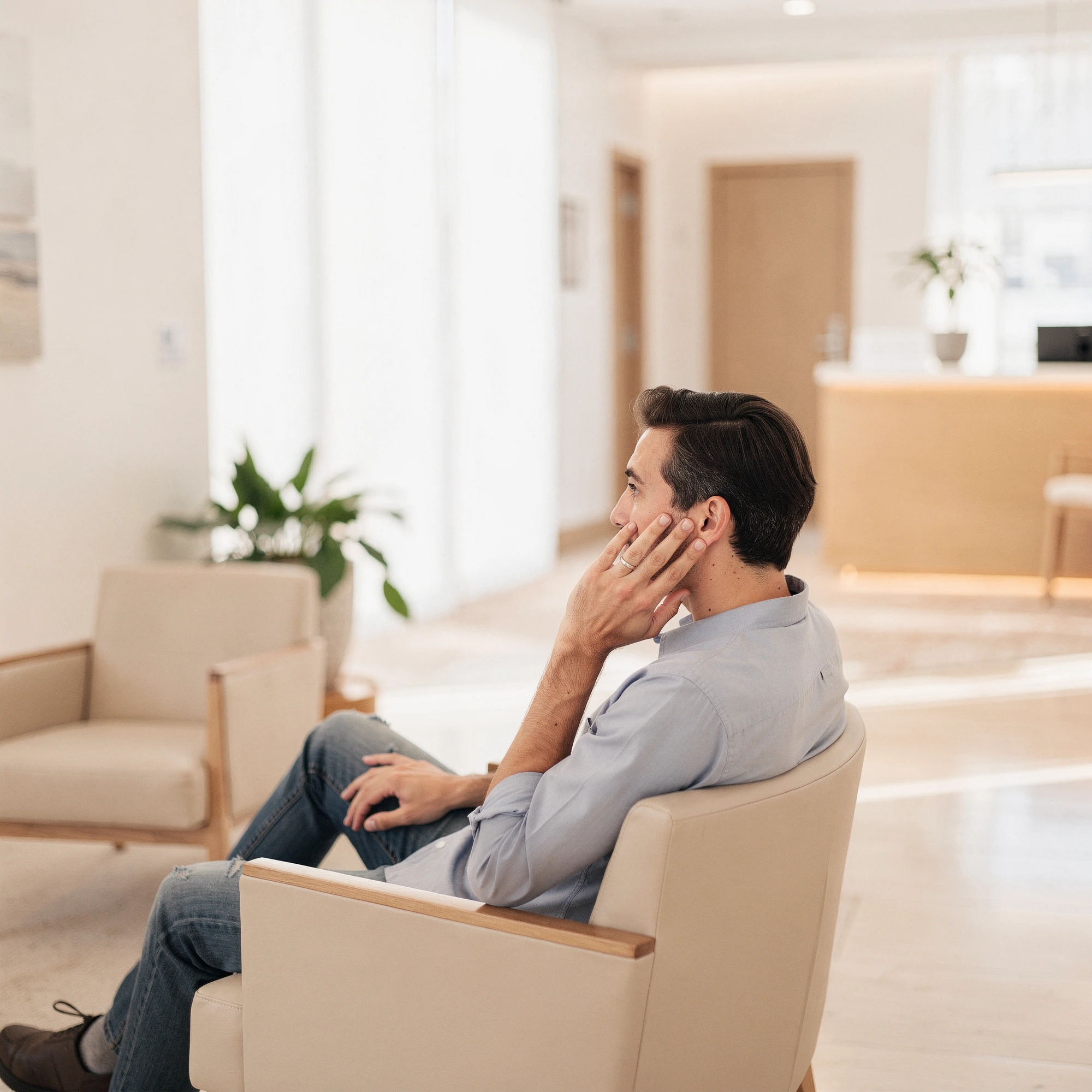 Man holding his cheek in pain while sitting in a modern dental office waiting area